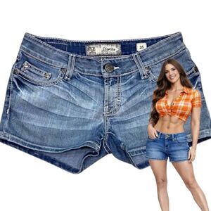 BKE Starlite Low Rise Denim Shorts 26 Stretch Distressed Embroidered EUC